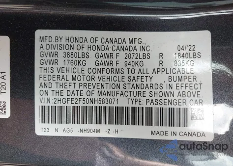 2022 Honda Civic Sport z USA, uszkodzony, nr VIN 2HGFE2F50NH583071